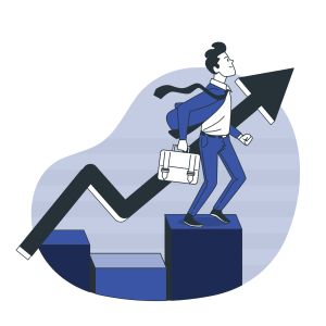 Graphisme bleuté représentant en fond un graphique avec plots et courbe de croissance et au premier plan un jeune cadre dynamique avec cravate et attaché-case, qui semble sauter de plot en plot.