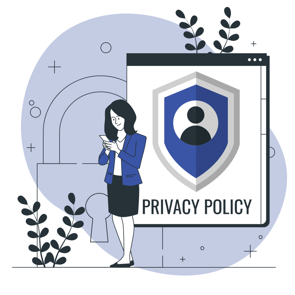 Graphisme bleuté représentant une femme avec un smartphone devant un grand écran sur lequel on voit en gros une bouclier et l'inscription "privacy policy".